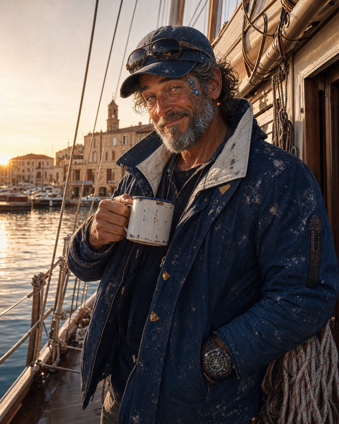 Captain Ron holding coffee on deck at golden hour
