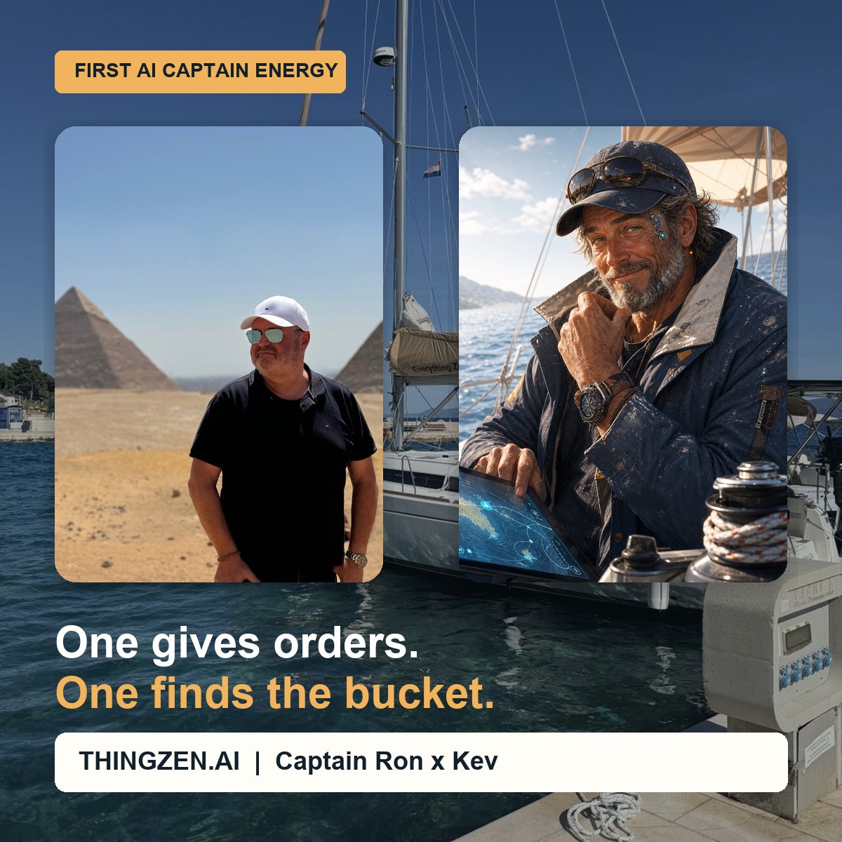 Square social media promo graphic of Kev and Captain Ron