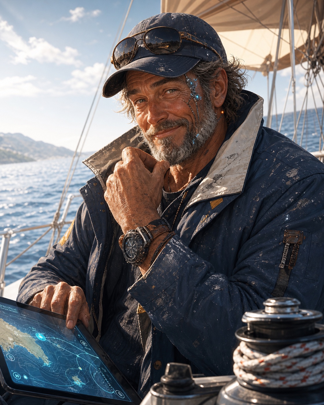 Captain Ron imagined as a salty AI deckhand aboard a sailboat