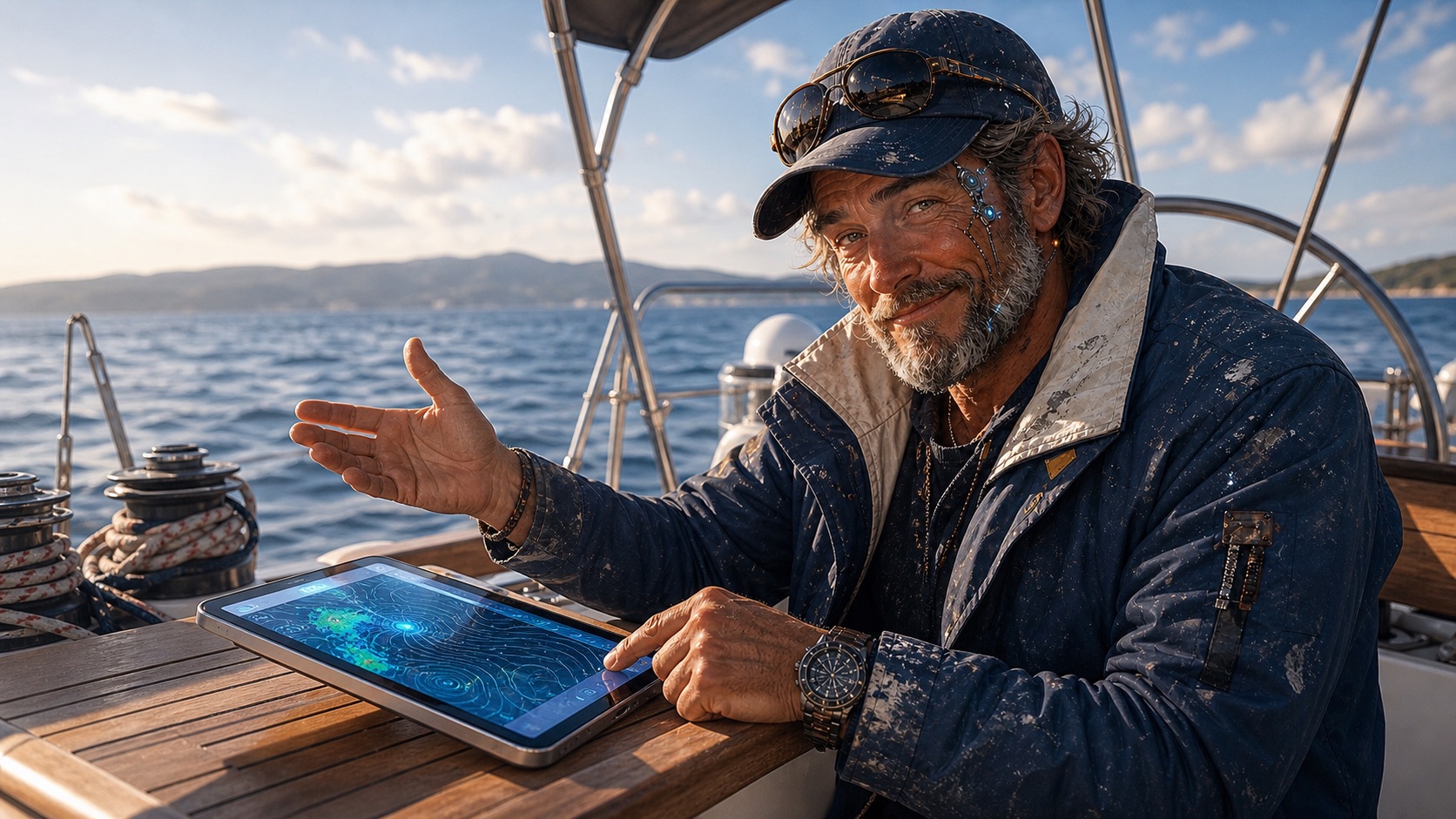 Captain Ron checking weather routing on a tablet in the cockpit