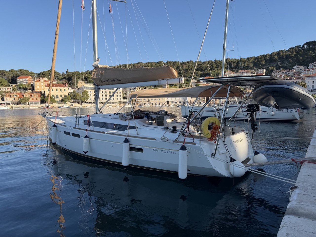 Everything Zen side and stern profile in a harbour