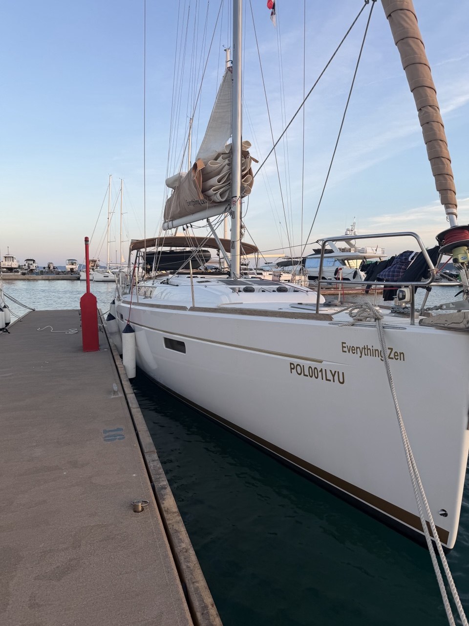 Everything Zen stern name visible while tied to the quay