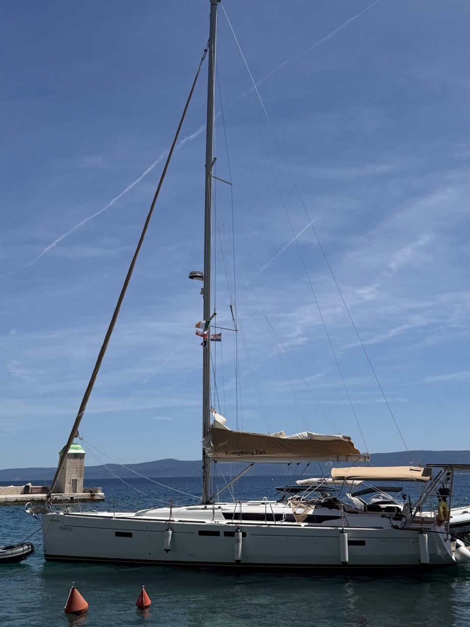 Everything Zen side-on at the quay with her name visible on the boom