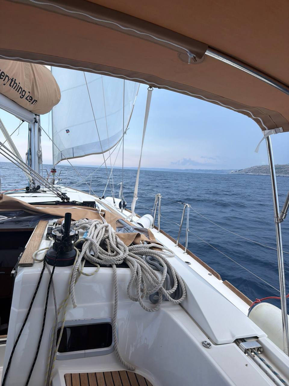 View forward from Everything Zen under sail off the Italian coast