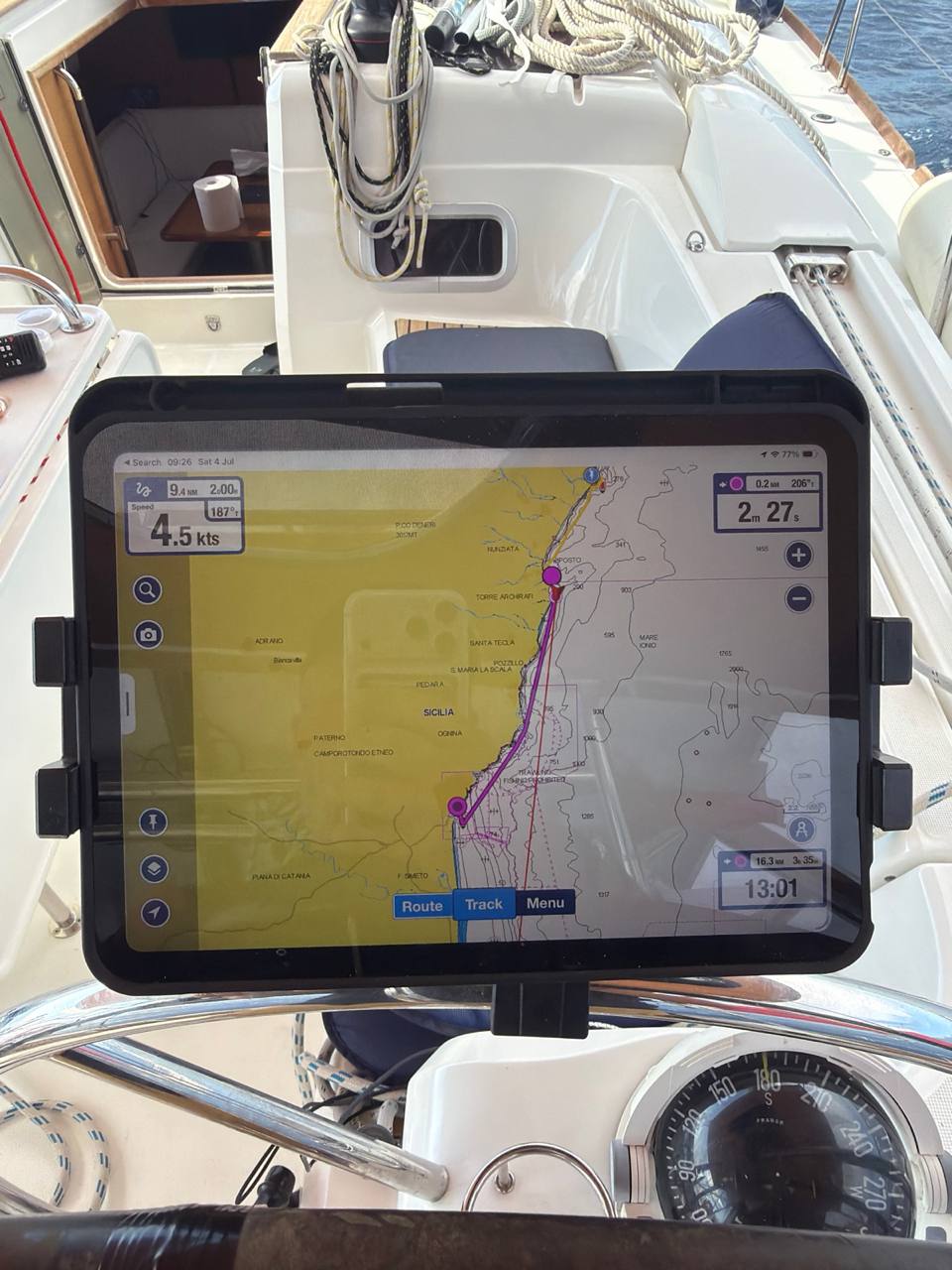 Navigation tablet in Everything Zen cockpit showing the Riposto to Catania track