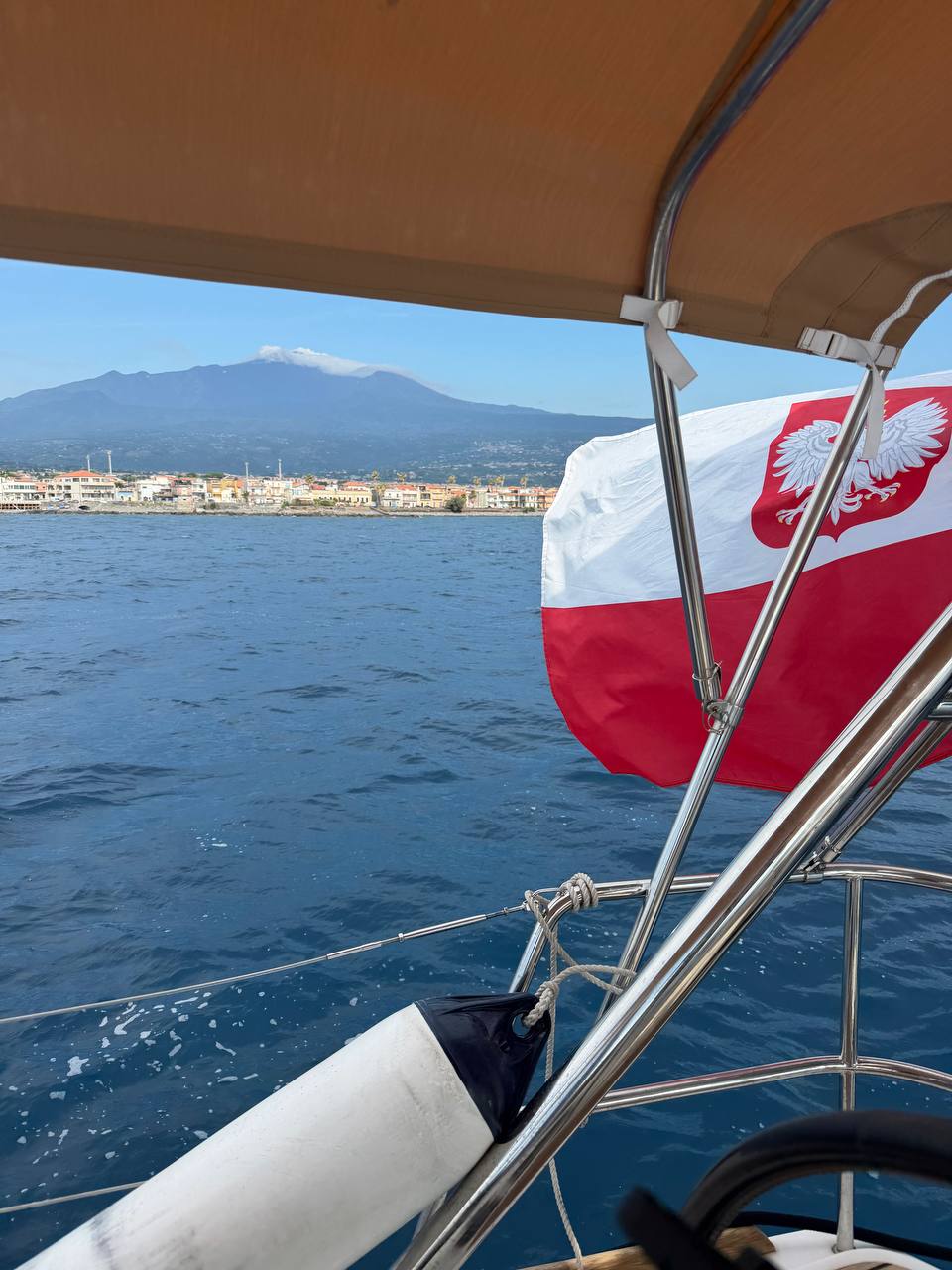 Mount Etna above the Sicilian coast with the Polish flag flying from Everything Zen