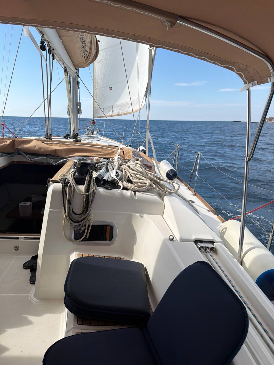 Everything Zen under sail from Riposto toward Catania with calm blue water and Sicilian coast to starboard